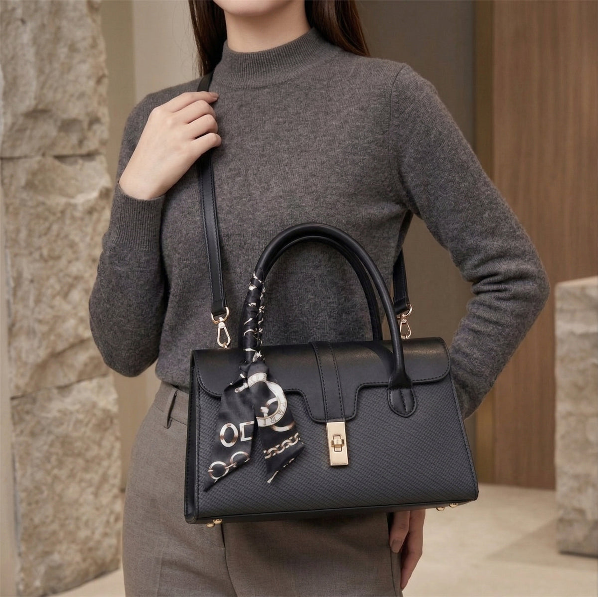 شنطة كلاسيك بتفاصيل فاخرة – with a Chic Scarf Touch
