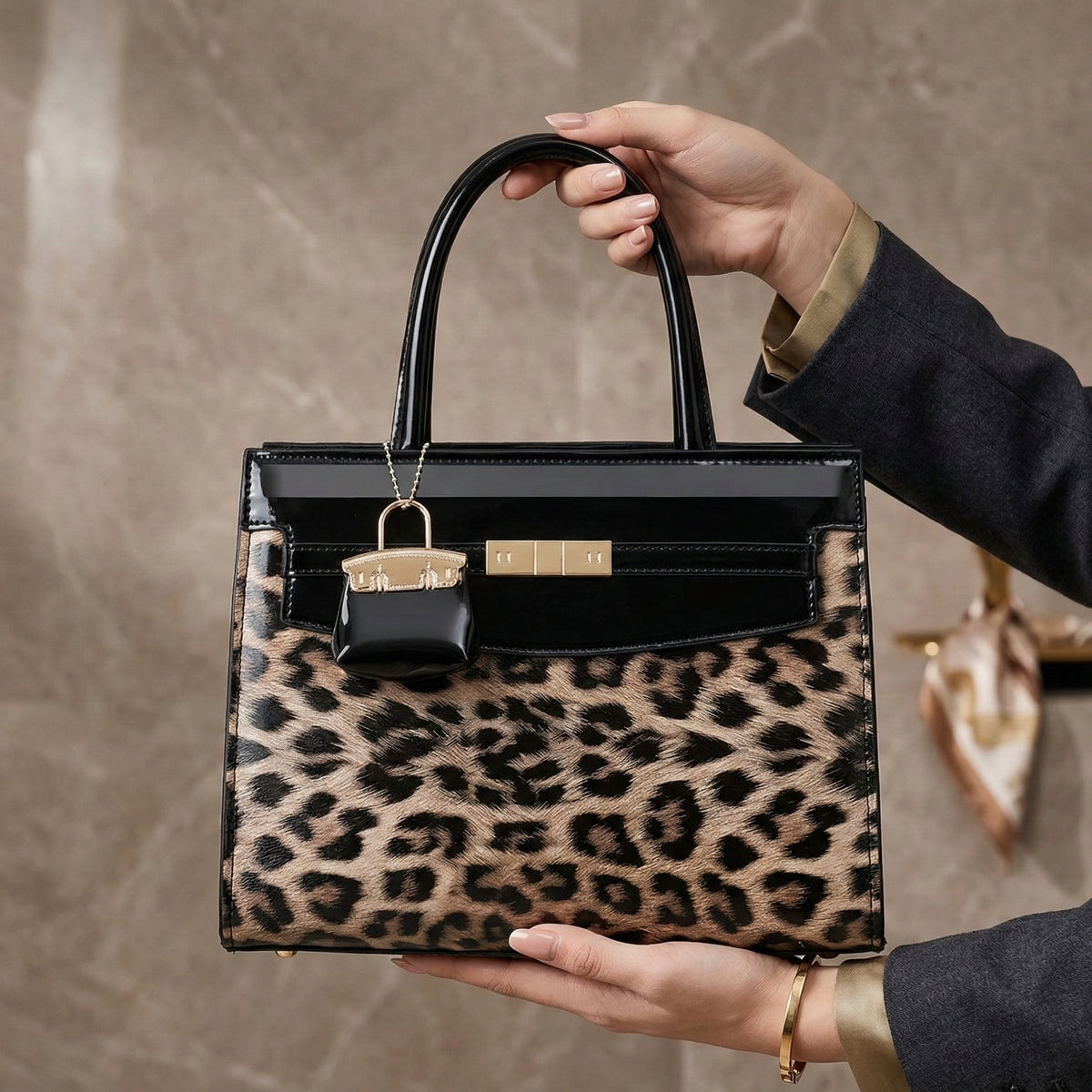 Luxury Leopard Handbag – شنطة جلد لامع لإطلالة راقية وعصرية