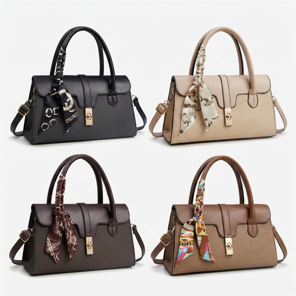 شنطة كلاسيك بتفاصيل فاخرة – with a Chic Scarf Touch