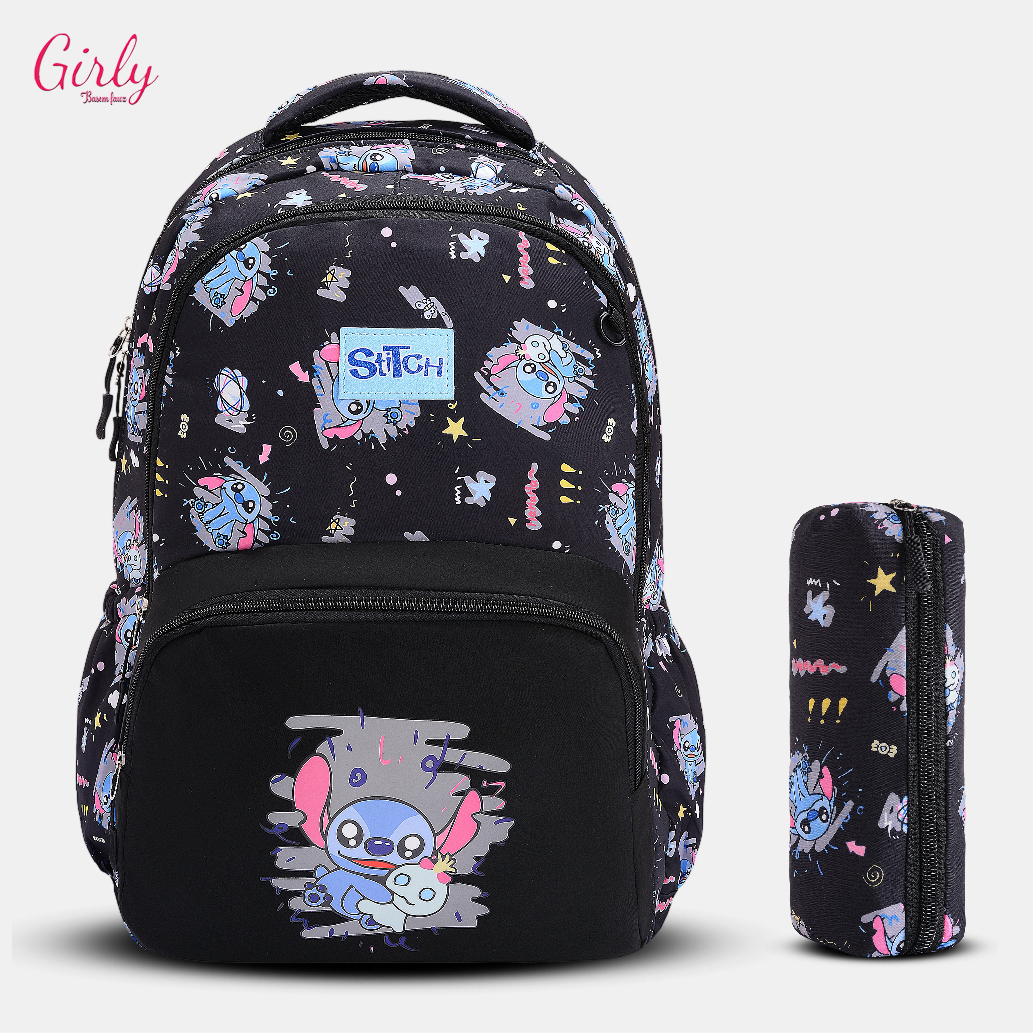شنطة ظهر كيوت بتصميم Stitch المميز ومعاها مقلمة بنفس الشكل 😍