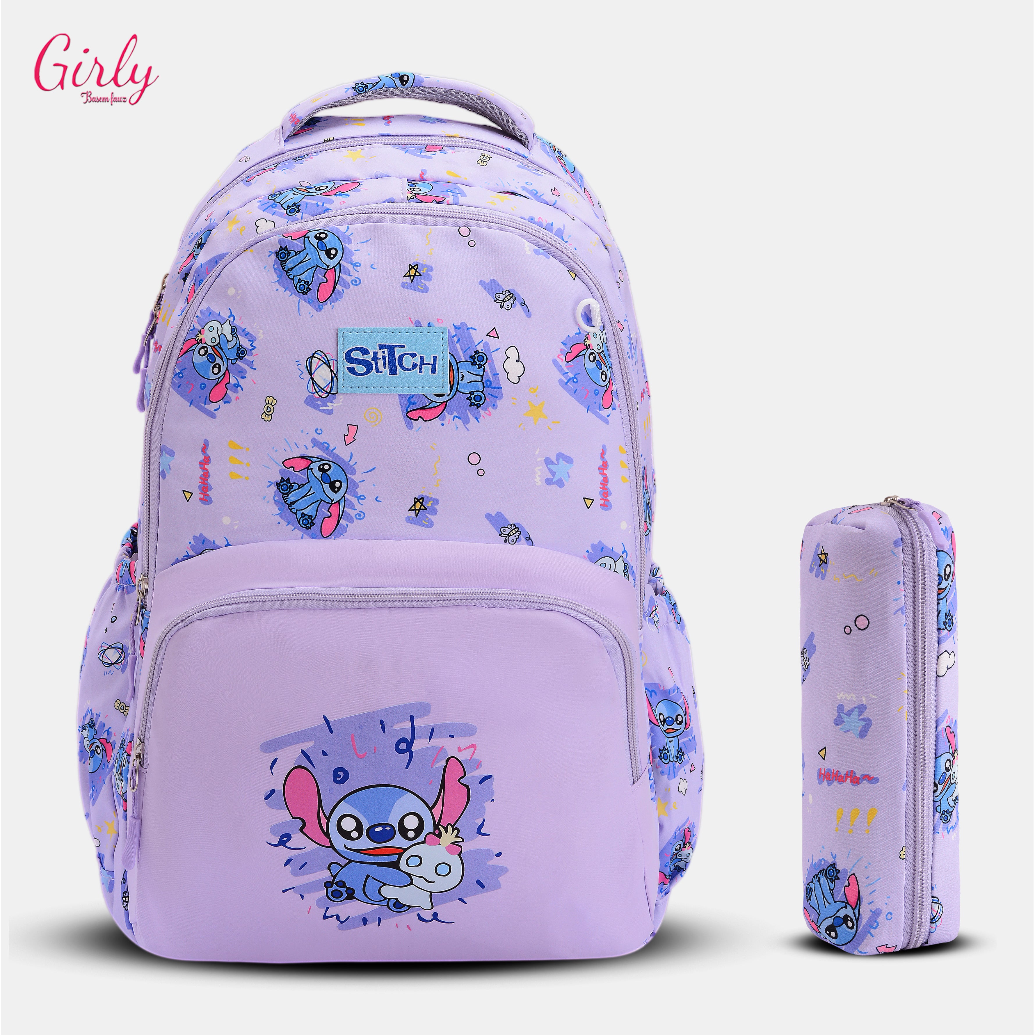 شنطة ظهر كيوت بتصميم Stitch المميز ومعاها مقلمة بنفس الشكل 😍