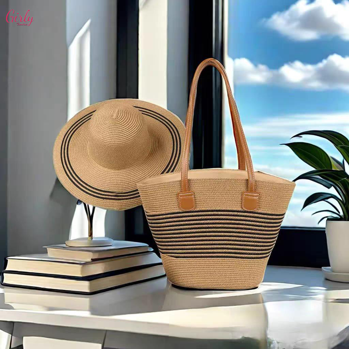 طقم شنطة وقبعة خوص – أناقة الصيف في قطعة واحدة 🌞