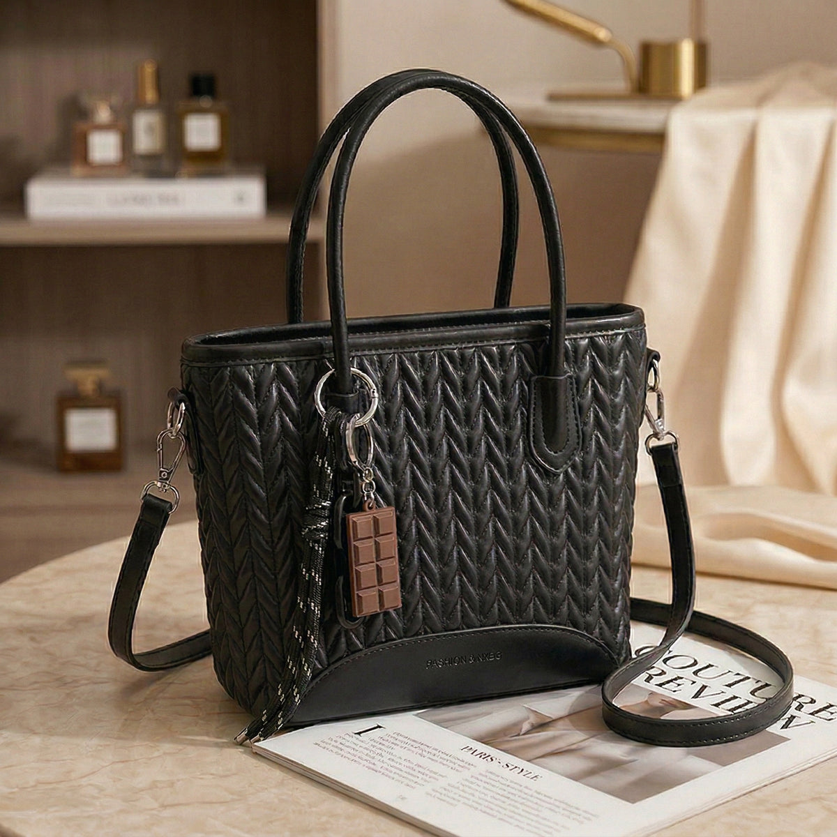 شنطة جلد مجدول بميدالية شوكولاتة-Leather Bag with Chocolate Charm