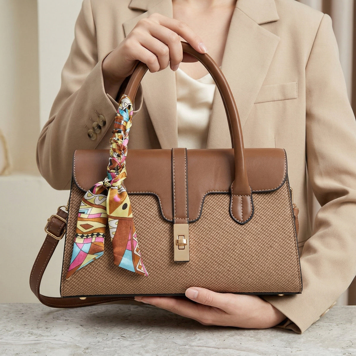 شنطة كلاسيك بتفاصيل فاخرة – with a Chic Scarf Touch