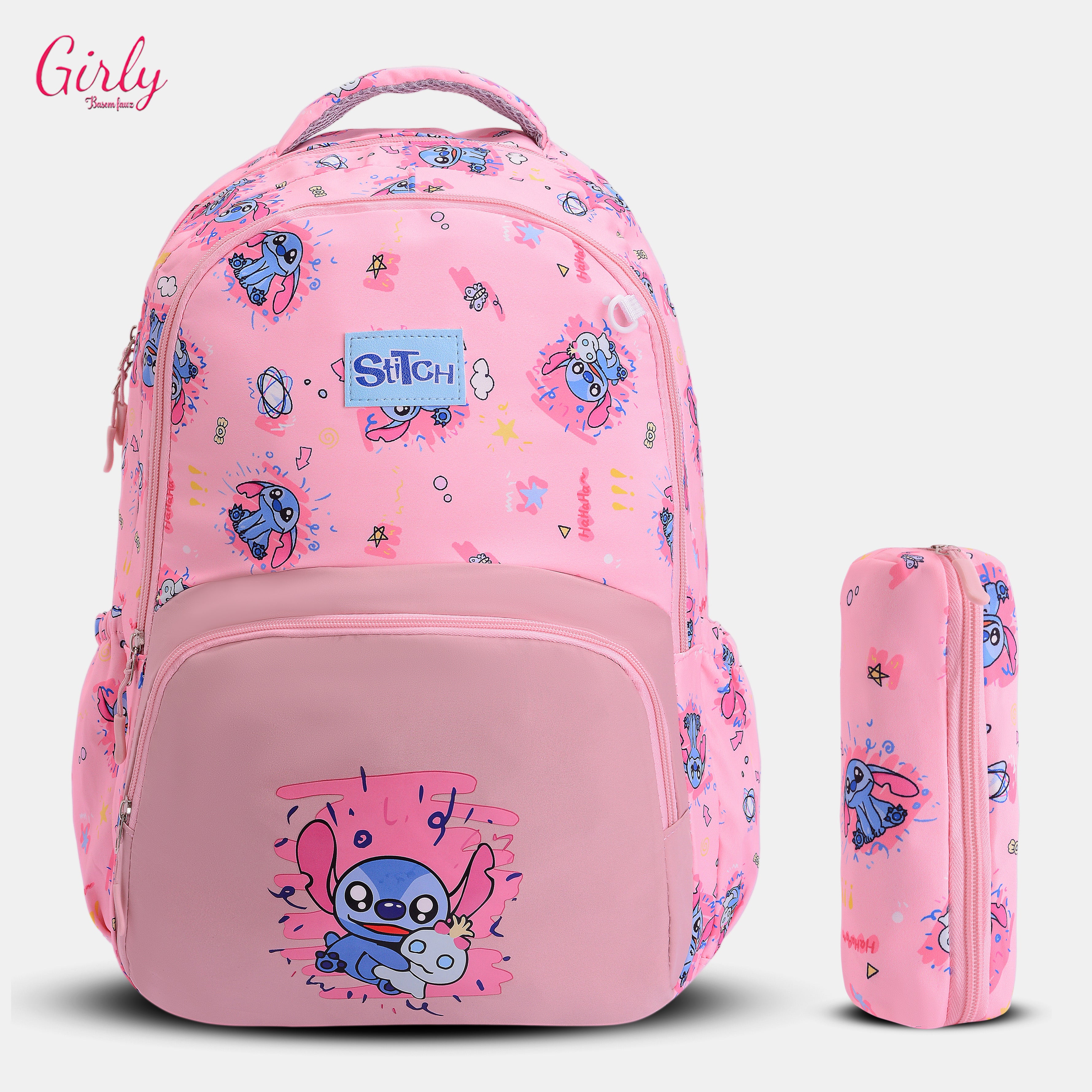 شنطة ظهر كيوت بتصميم Stitch المميز ومعاها مقلمة بنفس الشكل 😍