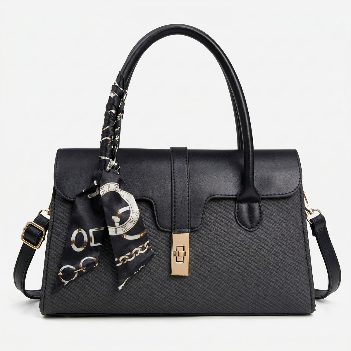 شنطة كلاسيك بتفاصيل فاخرة – with a Chic Scarf Touch