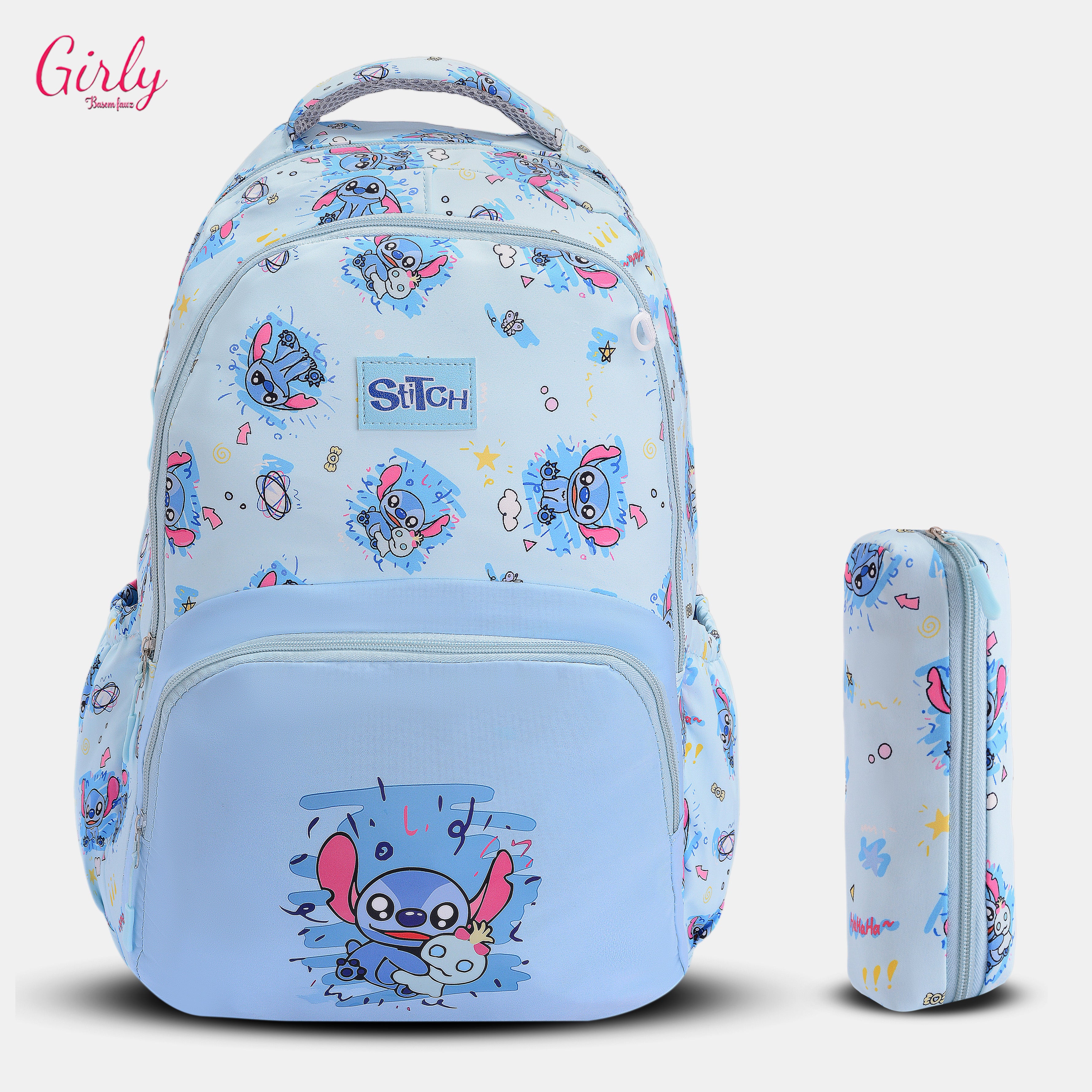 شنطة ظهر كيوت بتصميم Stitch المميز ومعاها مقلمة بنفس الشكل 😍