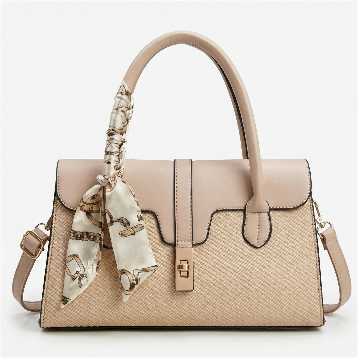 شنطة كلاسيك بتفاصيل فاخرة – with a Chic Scarf Touch