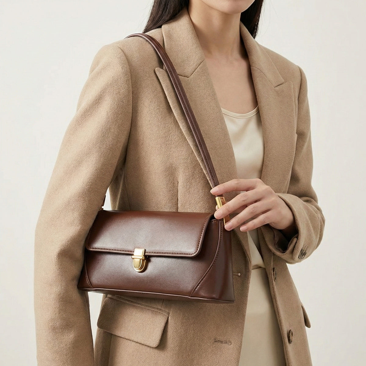 Structured Shoulder Bag with Gold Clasp – Premium Imported