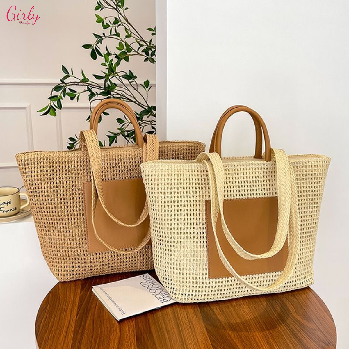 شنطة خوص صيفية – ستايل أنيق ولمسة طبيعية من Girly 🌞🌊