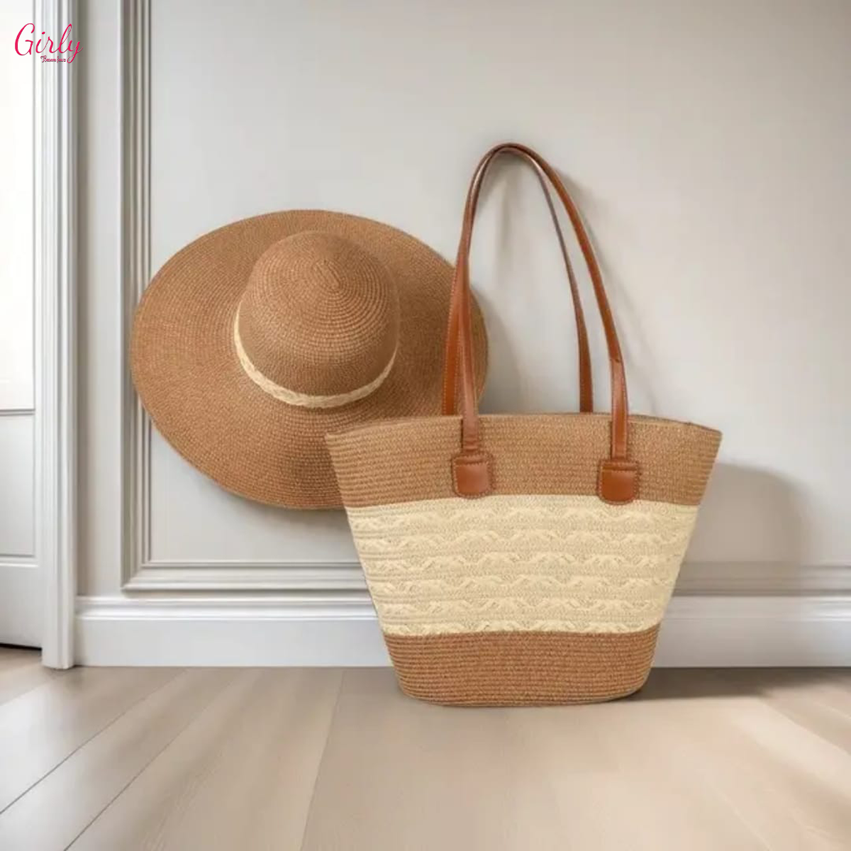 طقم شنطة وقبعة خوص – أناقة الصيف في قطعة واحدة 🌞