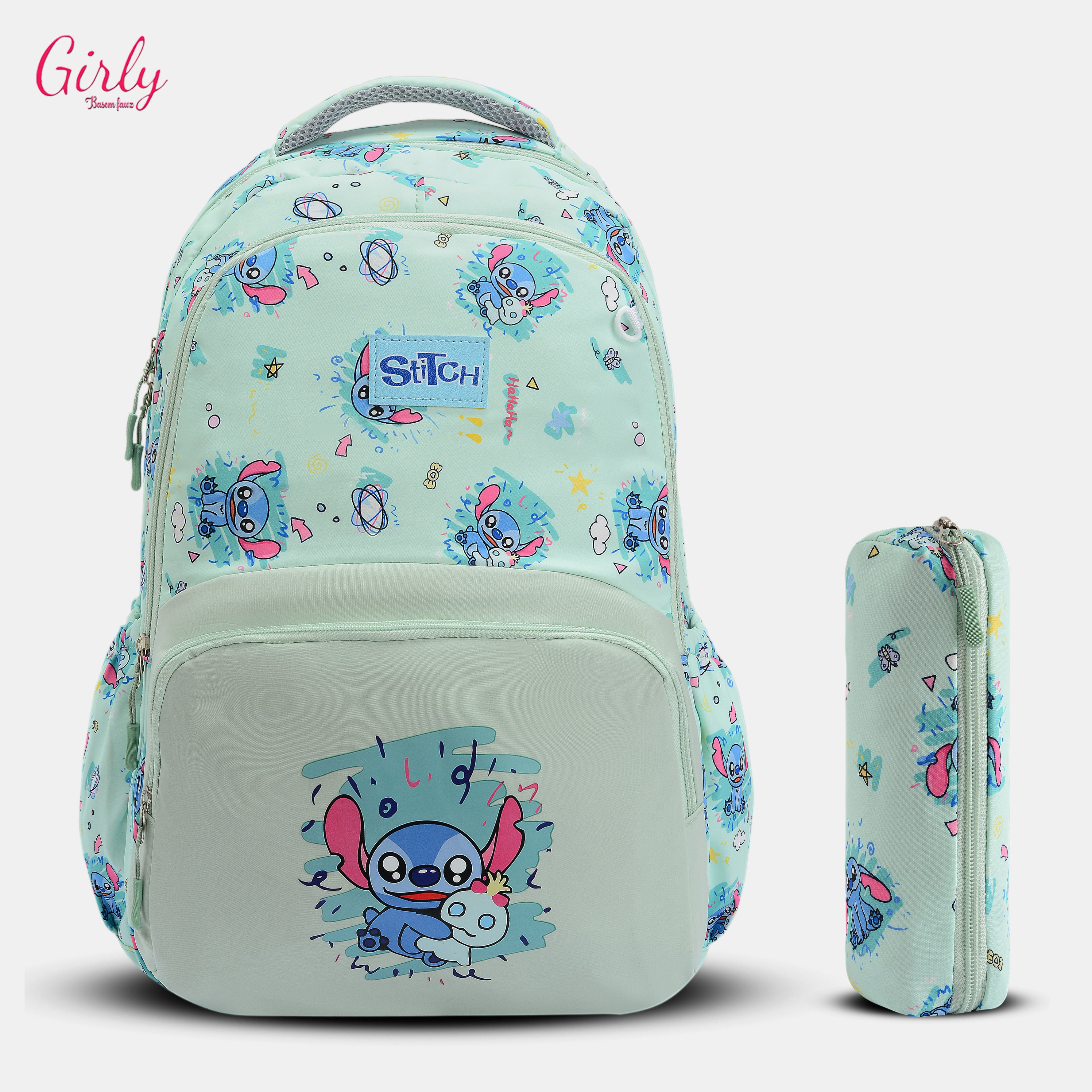 شنطة ظهر كيوت بتصميم Stitch المميز ومعاها مقلمة بنفس الشكل 😍