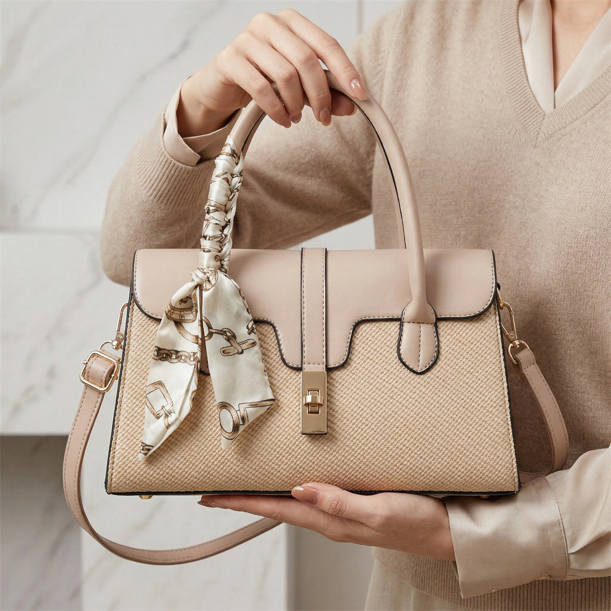 شنطة كلاسيك بتفاصيل فاخرة – with a Chic Scarf Touch