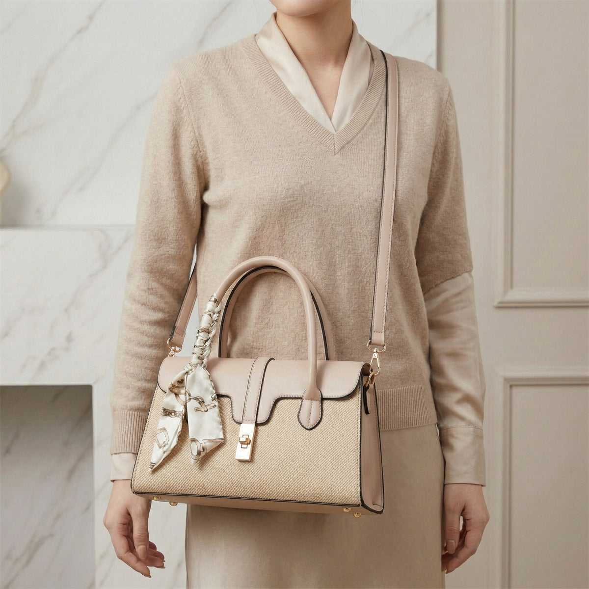 شنطة كلاسيك بتفاصيل فاخرة – with a Chic Scarf Touch