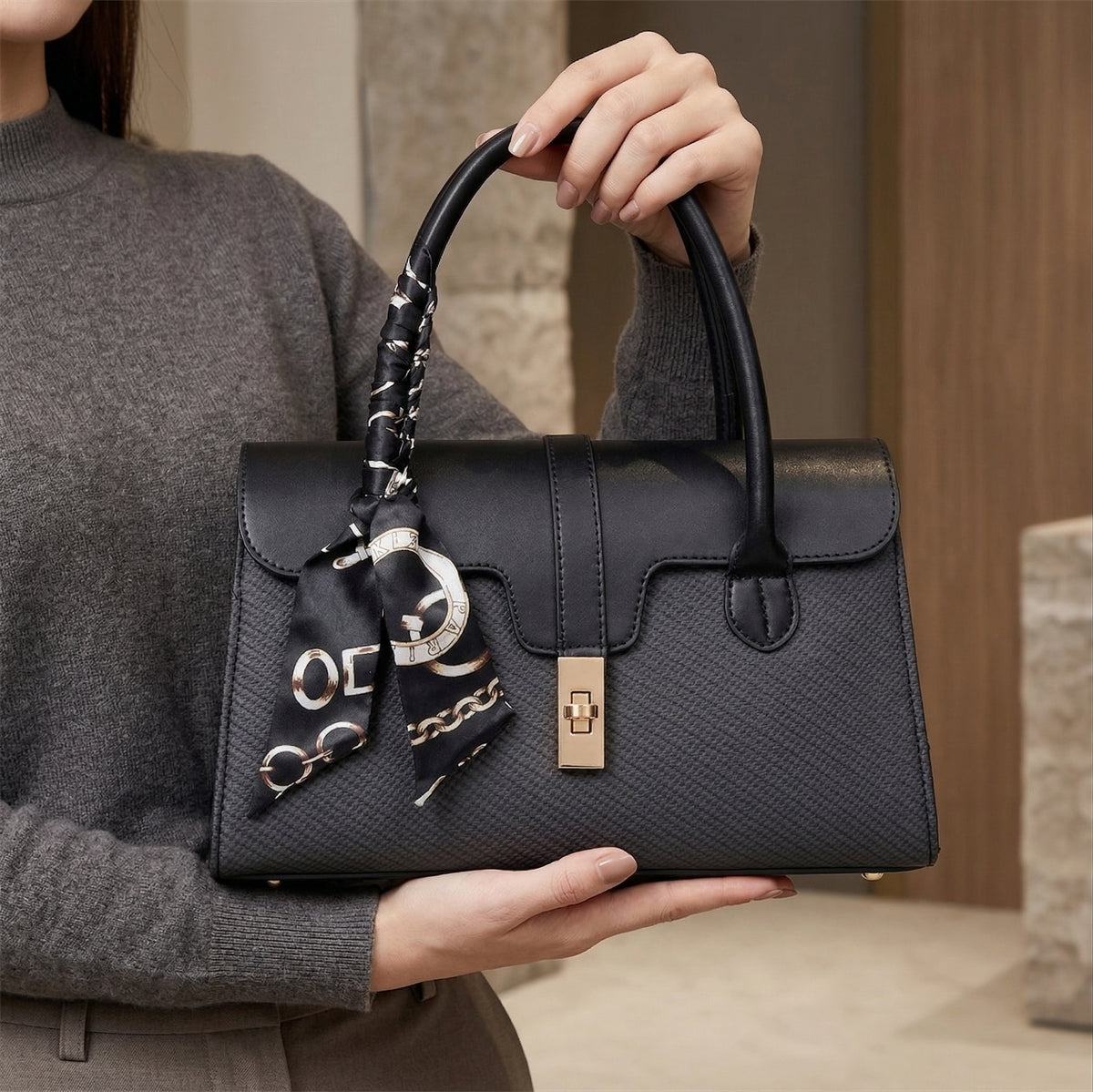 شنطة كلاسيك بتفاصيل فاخرة – with a Chic Scarf Touch