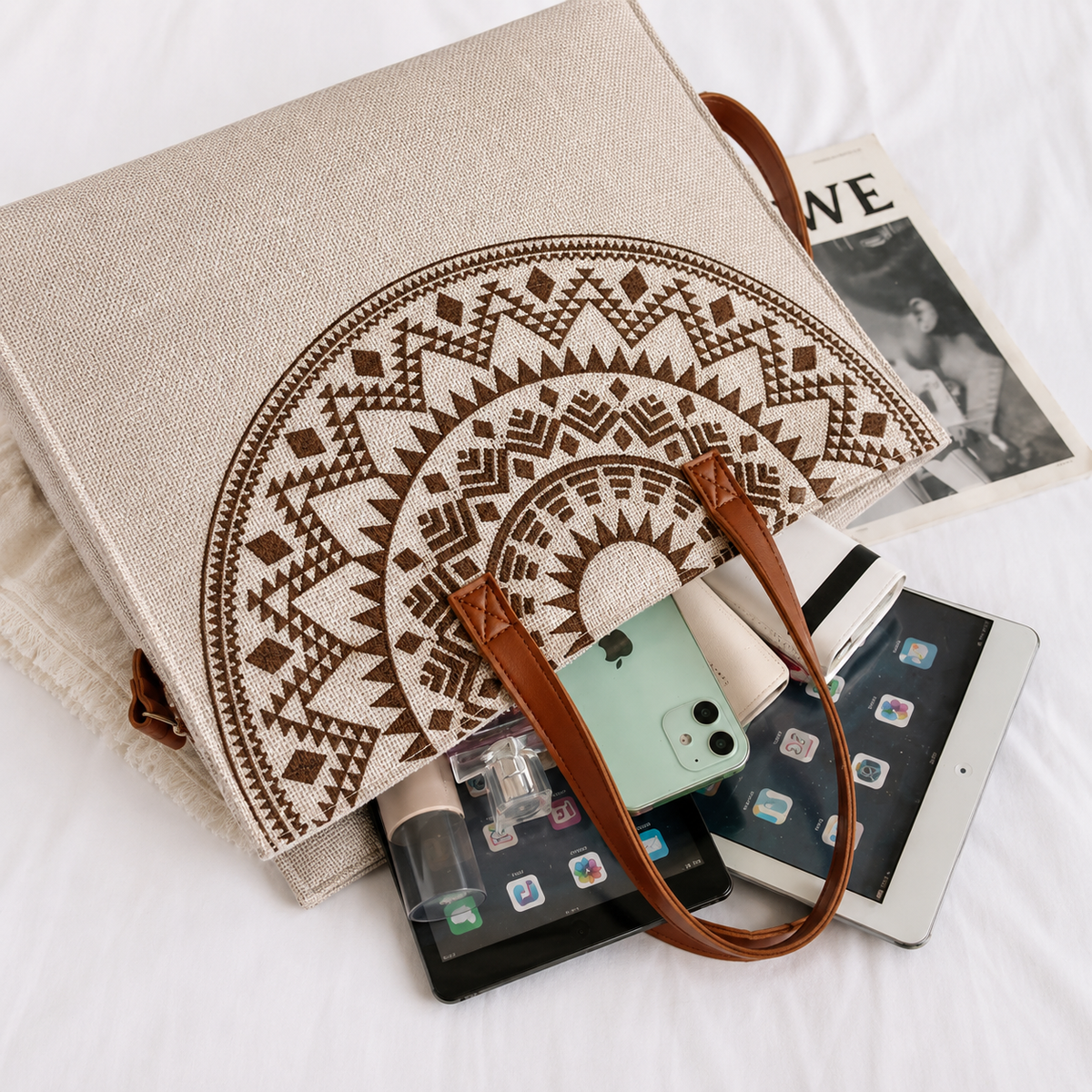 شنطة كتف كتان وجلد بجودة عالية  – Top Seller Bag ✨