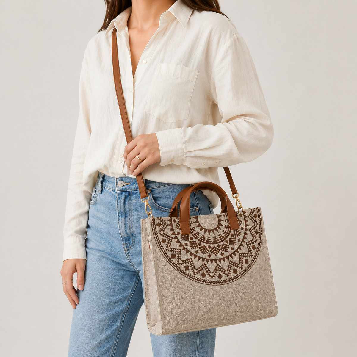 شنطة كتف كتان وجلد بجودة عالية  – Top Seller Bag ✨