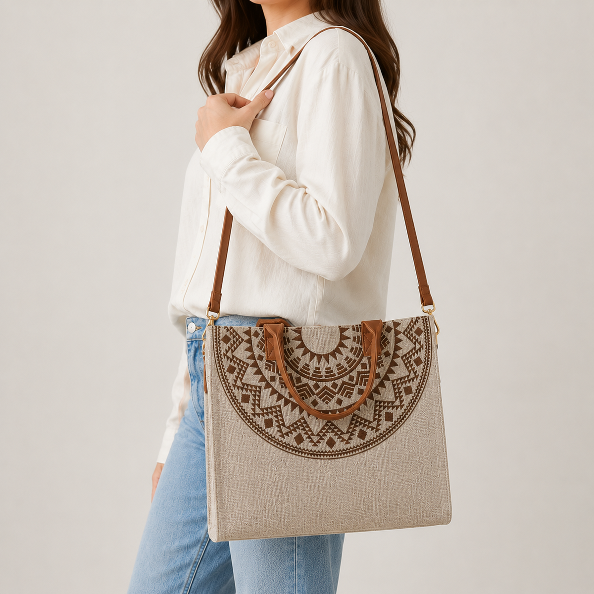 شنطة كتف كتان وجلد بجودة عالية  – Top Seller Bag ✨