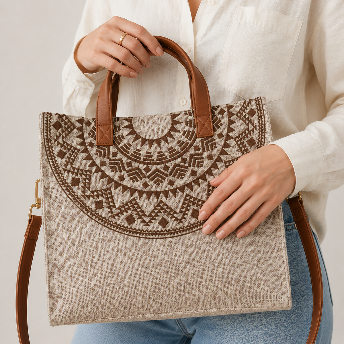 شنطة كتف كتان وجلد بجودة عالية  – Top Seller Bag ✨